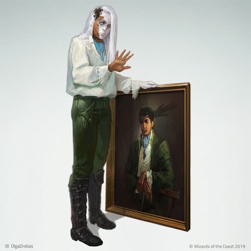 A Changling rogue taking the form of a man in a painting.