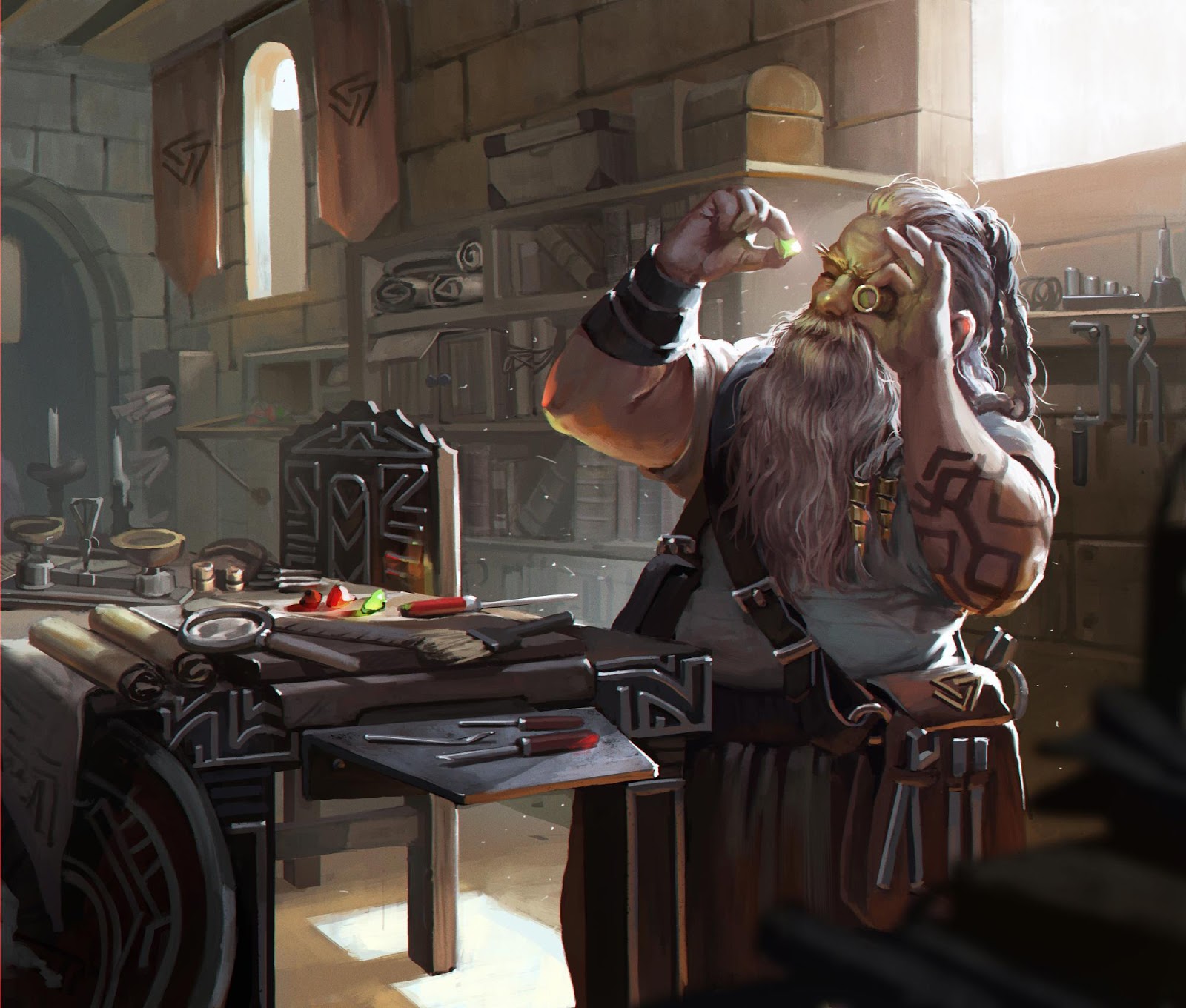 A dwarf artificer tinkering in his workshop