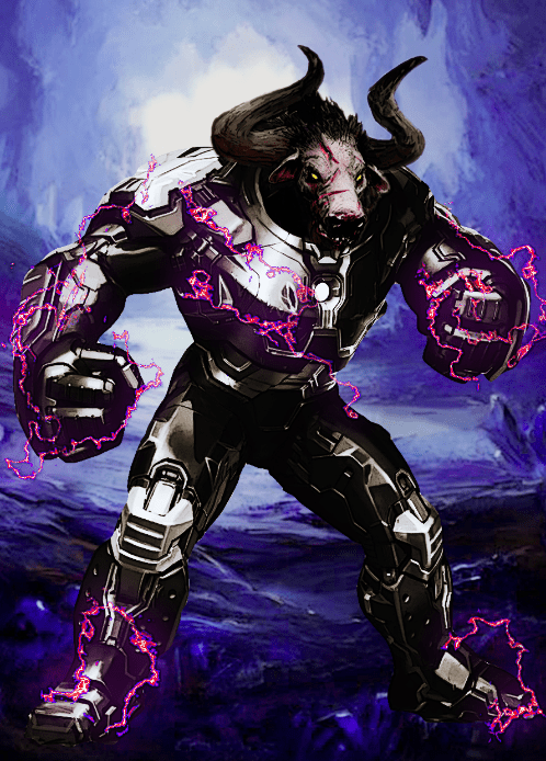 A male minotaur armorer artificer encased in his magically crafted armor, purple electricity cackling around him.