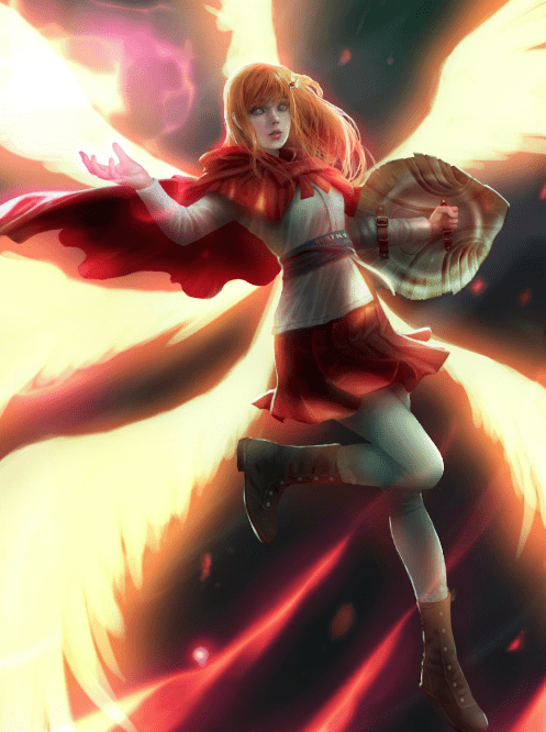 A female human of the light cleric domain carries a shield in one hand and casts holy spells with her other hand.