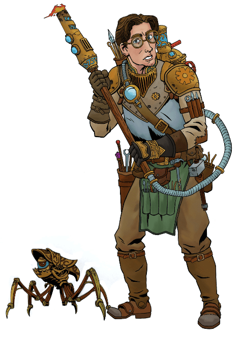 A timid male human artificer wielding a flamethrower standing next to his automaton.