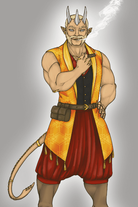 A male tiefling way of the open hand monk stands tall and smokes a cigar.