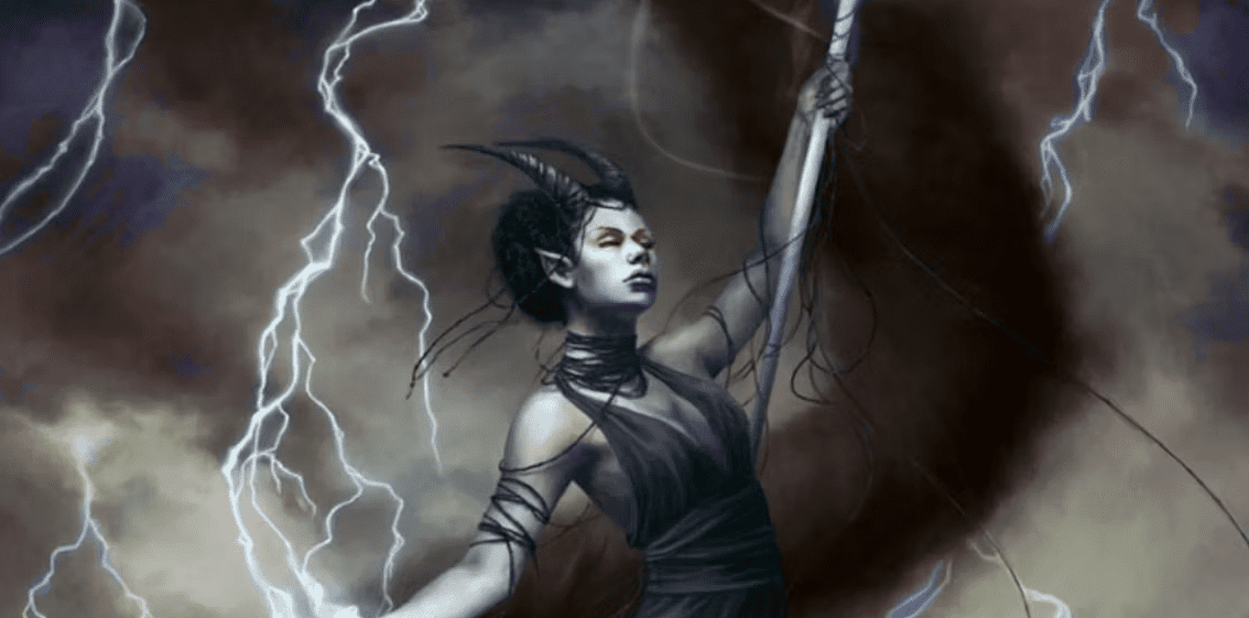 A female tiefling tempest domain cleric concentrates on controlling the lightning dancing around her.