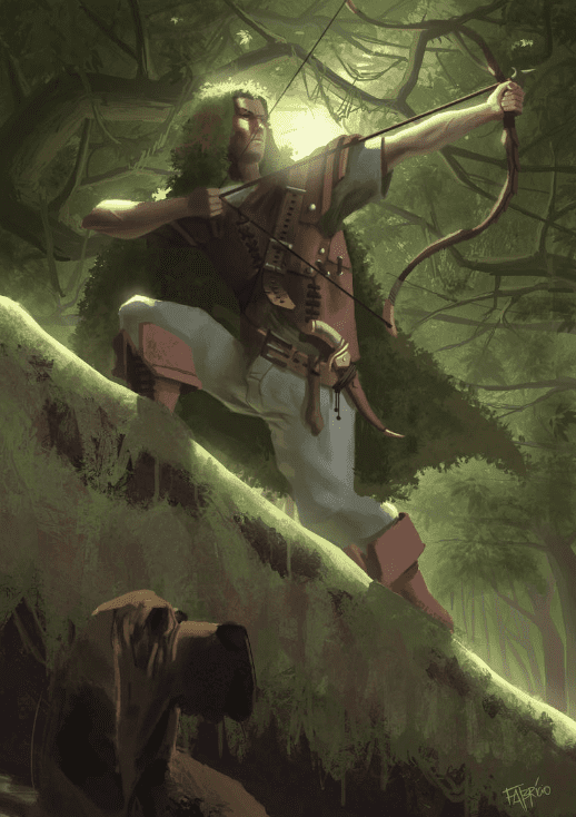 A human male hunter ranger stalks through the forest with his pet hound.