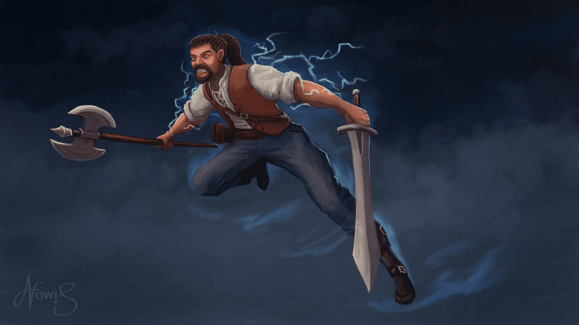 A male human flies through the air with his storm herald barbarian abilities