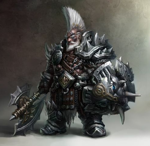 A male dwarf battlerager barbarian with shield and axe in hand.
