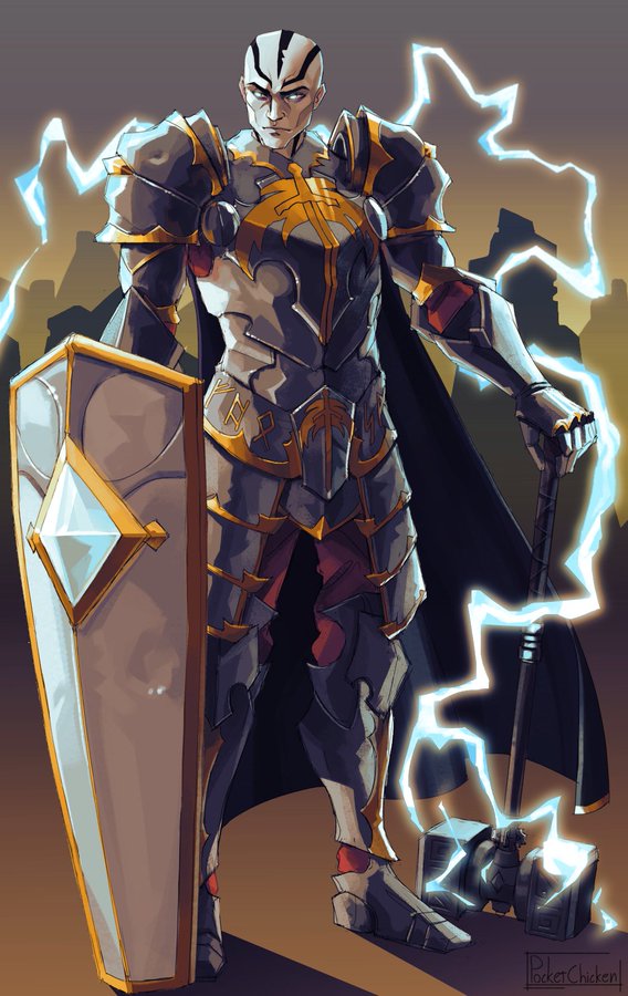 A goliath paladin of the stormlord sparks with lightning.