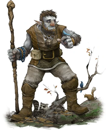 A male firbolg monk surrounded by creatures of the forest.