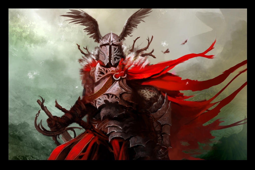 A male human solidarity domain cleric clad in black and red armor stands prepared for battle.