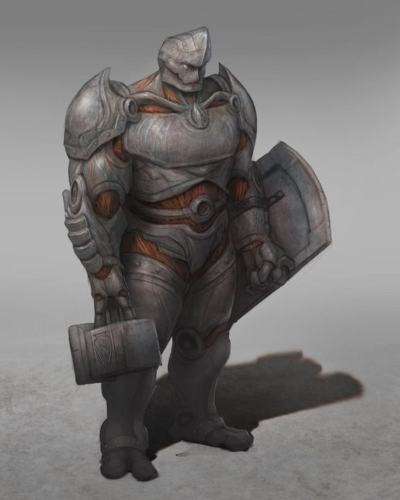 A male warforged barbarian carrying a shield and a mace.
