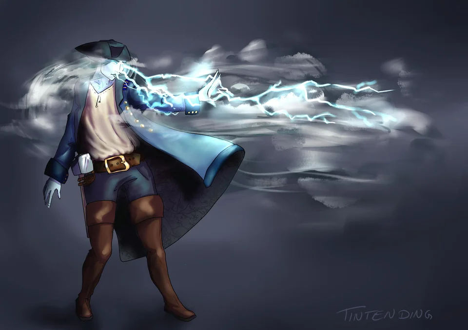 A male air genasi storm sorcerer cast lightning from their eyes.