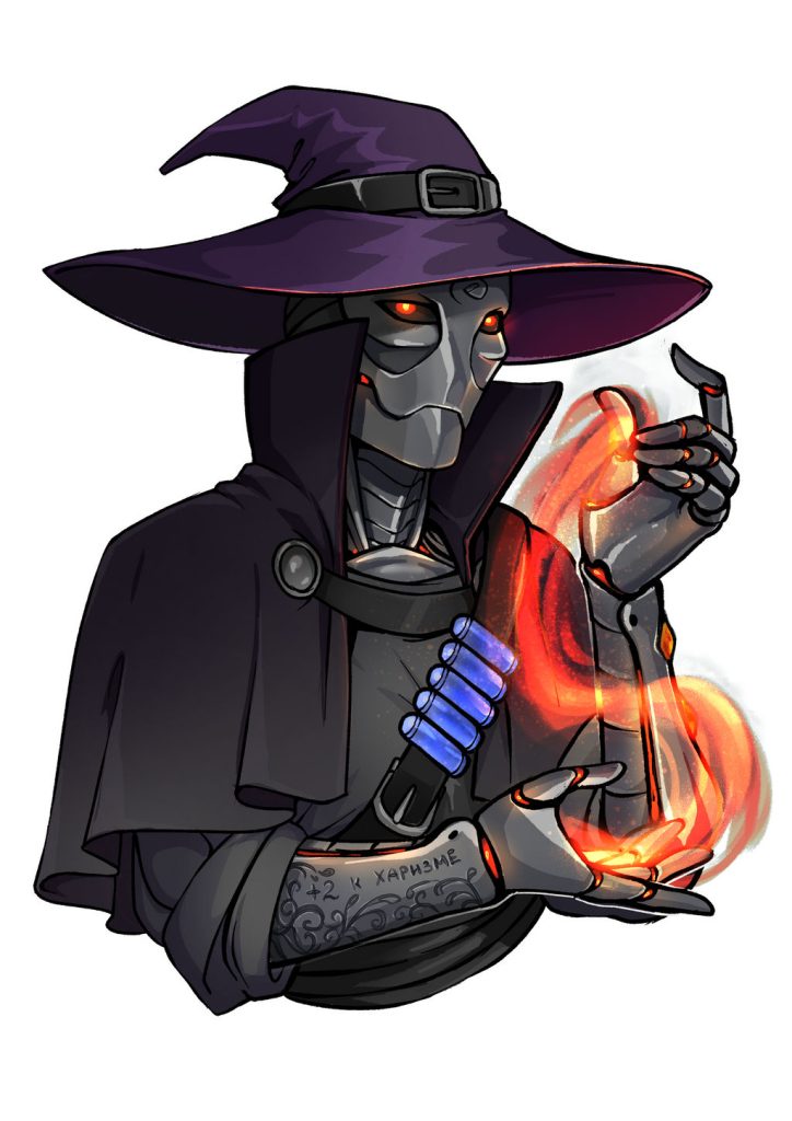 A male warforged wizard conjuring fire while wearing a purple hat.