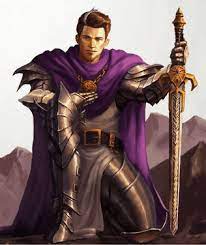 A male human purple dragon knight kneels holding his sword.