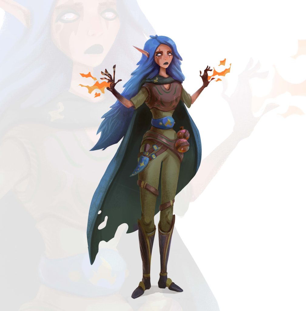 A female elf pyromancy sorcerer with blue hair and a tattered blue cape.