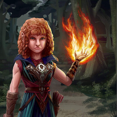 Female halfling pyromancy sorcerer casting a fire spell.