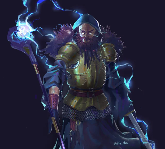 A male dwarf storm sorcerer glowing with blue electricity.