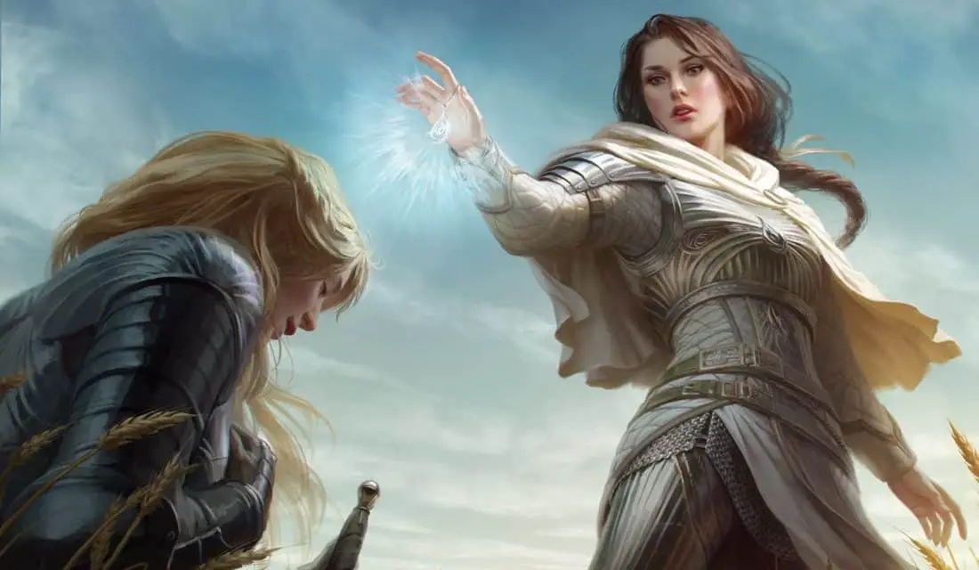 female human oath of redemption paladin casts a restoration spell on her ally.