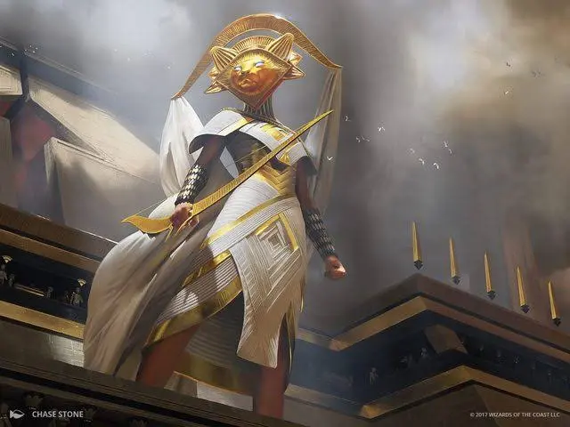 A female human solidarity cleric holds a gold bow.
