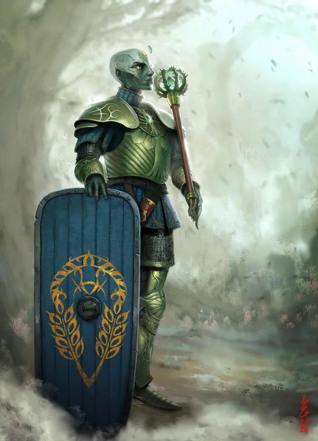 A male earth genasi nature domain cleric stands with armor and mace in hand. Ready for a fight.
