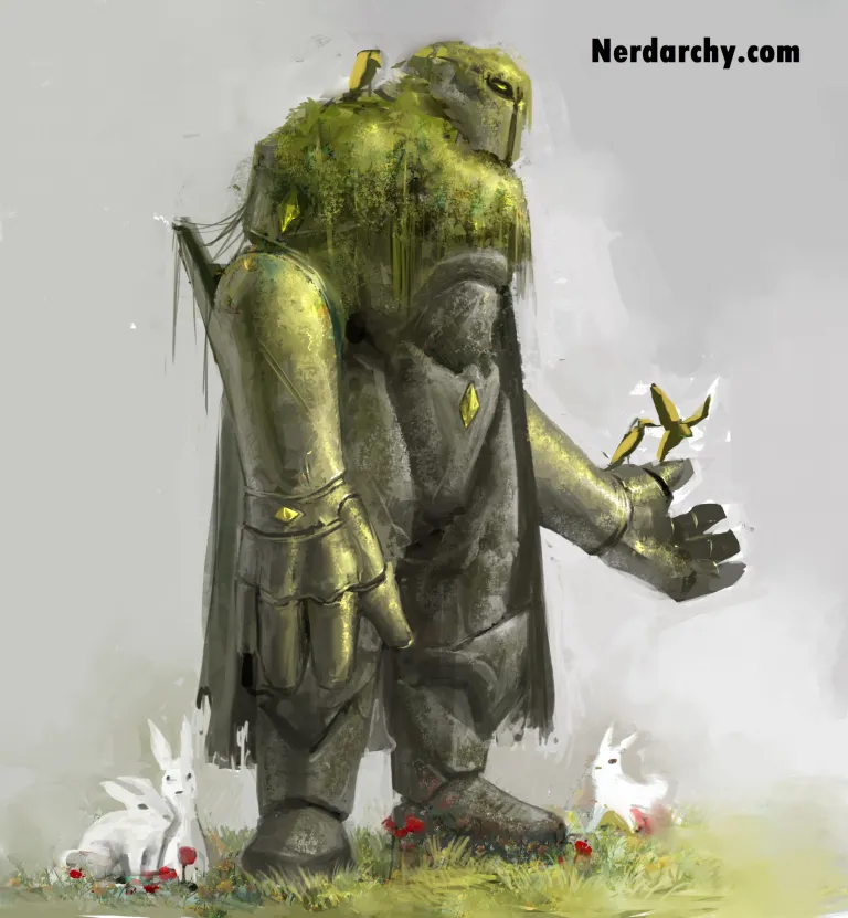 A moss covered warforged druid.