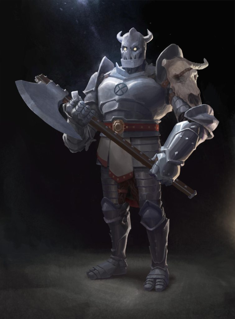 A warforged paladin carrying a massive war axe.