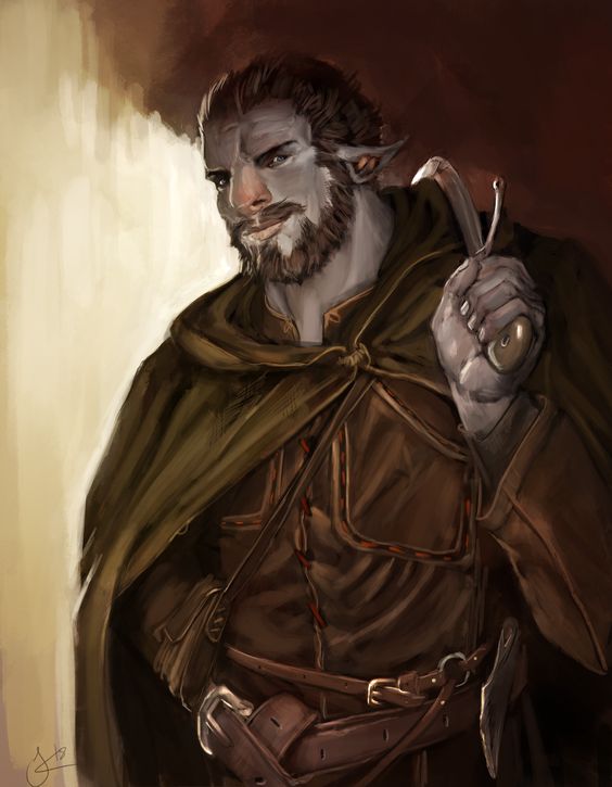 A male firbolg rogue with a large knife in his hand.