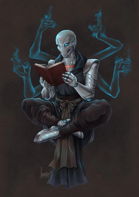 A warforged way of the astral self monk. Meditating and reading a book.
