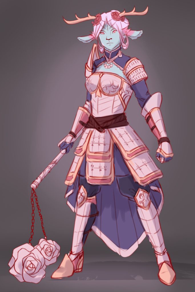 A female firbolg cleric clad in pink armor with a rose mace.