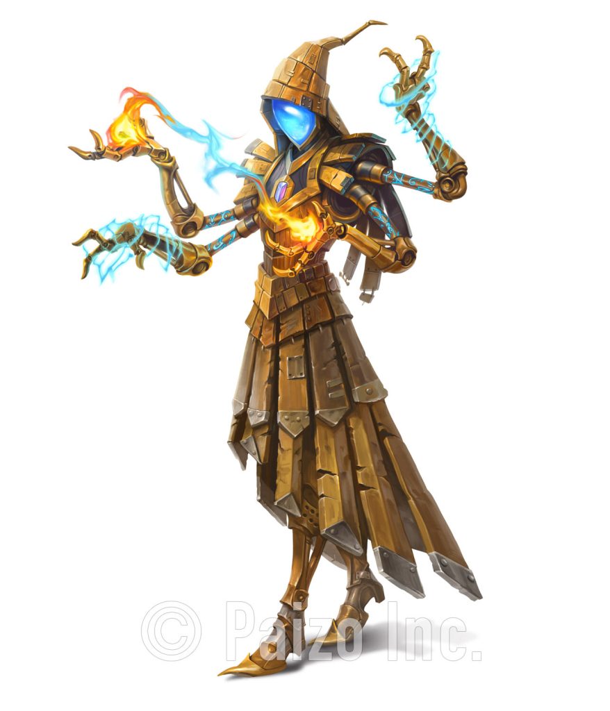 A warforged sorcerer casts fire and electric spells.
