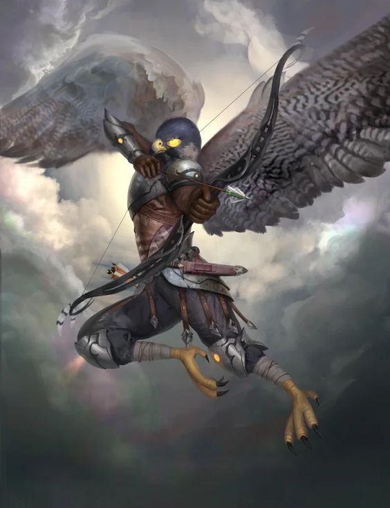 A flying male aarakocra bloodhunter with a long bow.