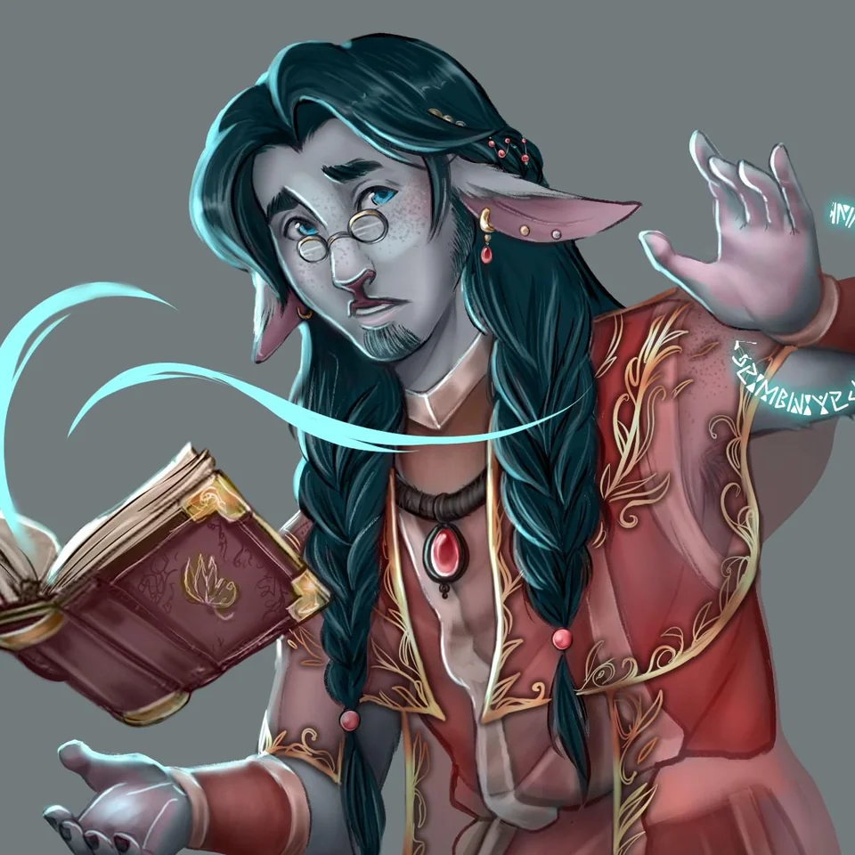 A male divination firbolg wizard casting a spell.