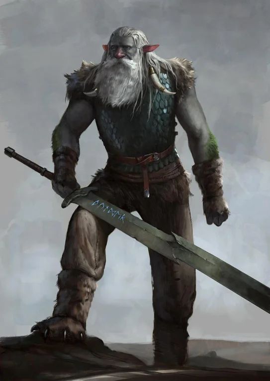 A male firbolg paladin standing tall with a great sword in hand