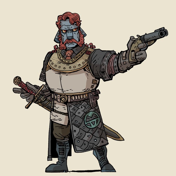 A male firbolg gunslinger fighter with a sword and a pistol.