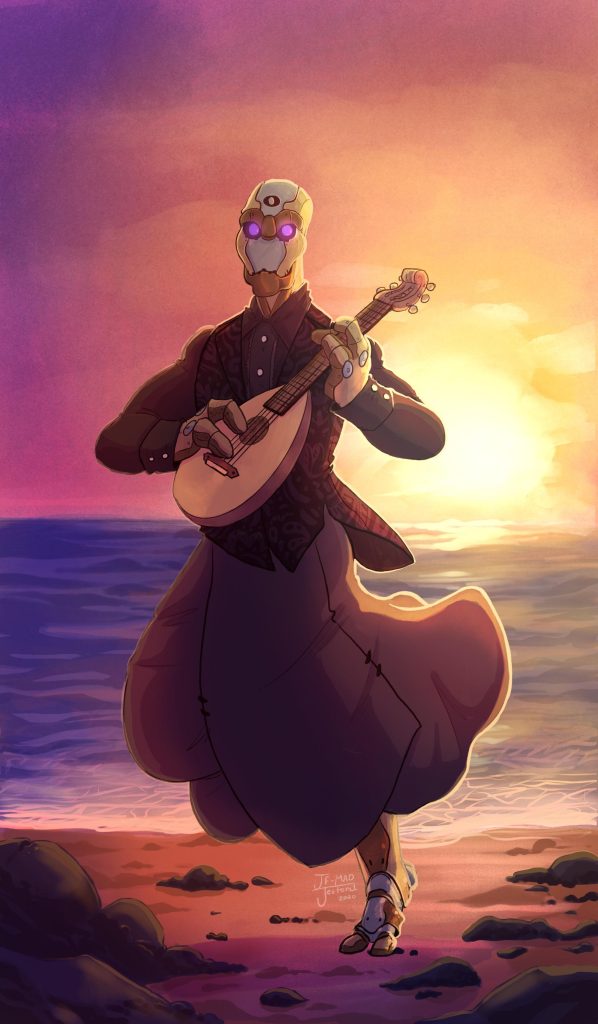 A male warforged bard playing a guitar on the beach.