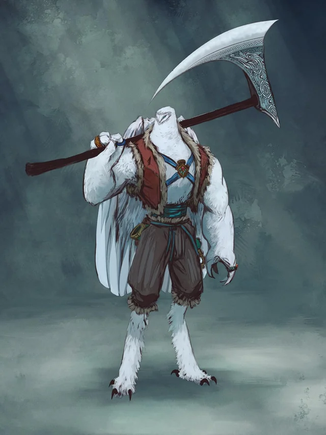A male white arrakocra barbarian carrying a massive axe in one hand.
