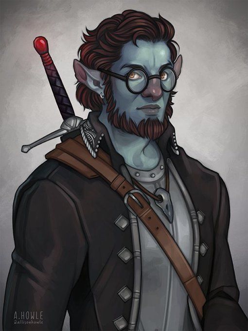A male firbolg blood hunter carrying a red pommeled sword on his back.