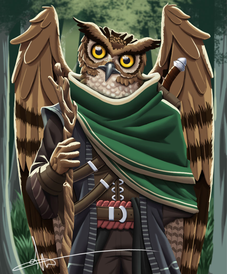 An owl arrakocra druid dressed in green and holding a staff.