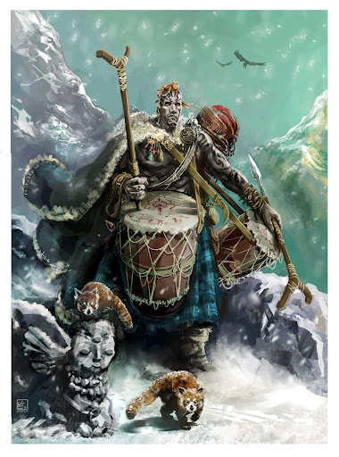 A male goliath bard, beating a set of war drums.