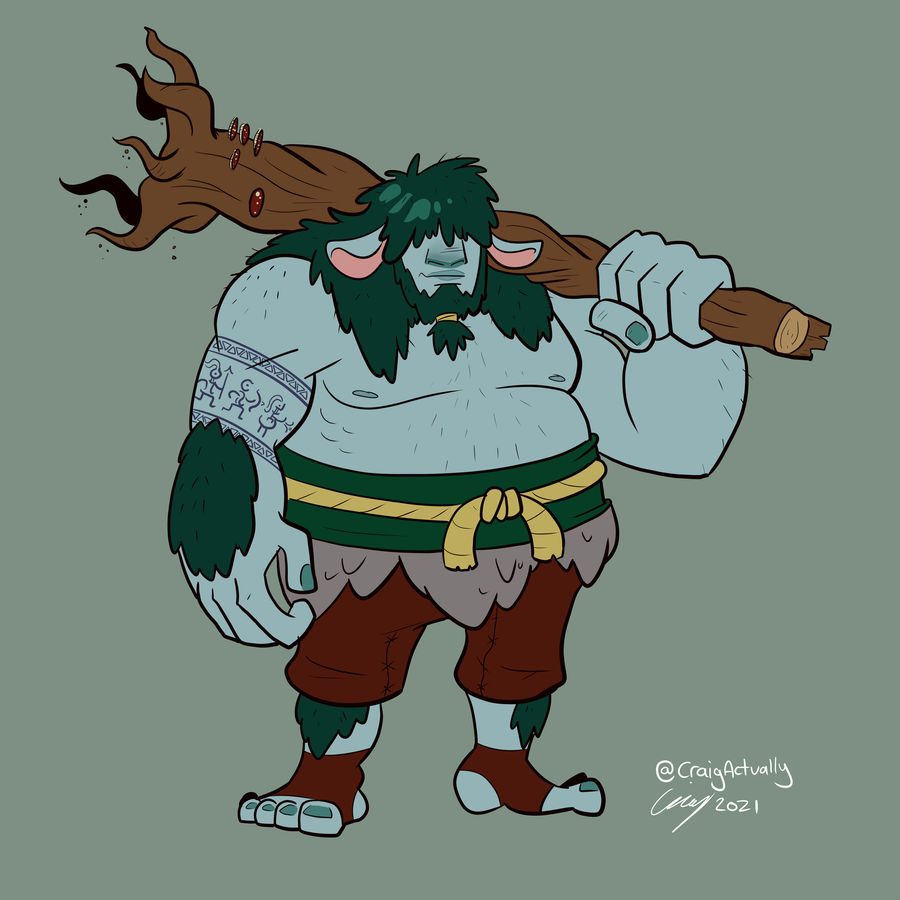A male firbolg barbarian carrying a small tree as his club.