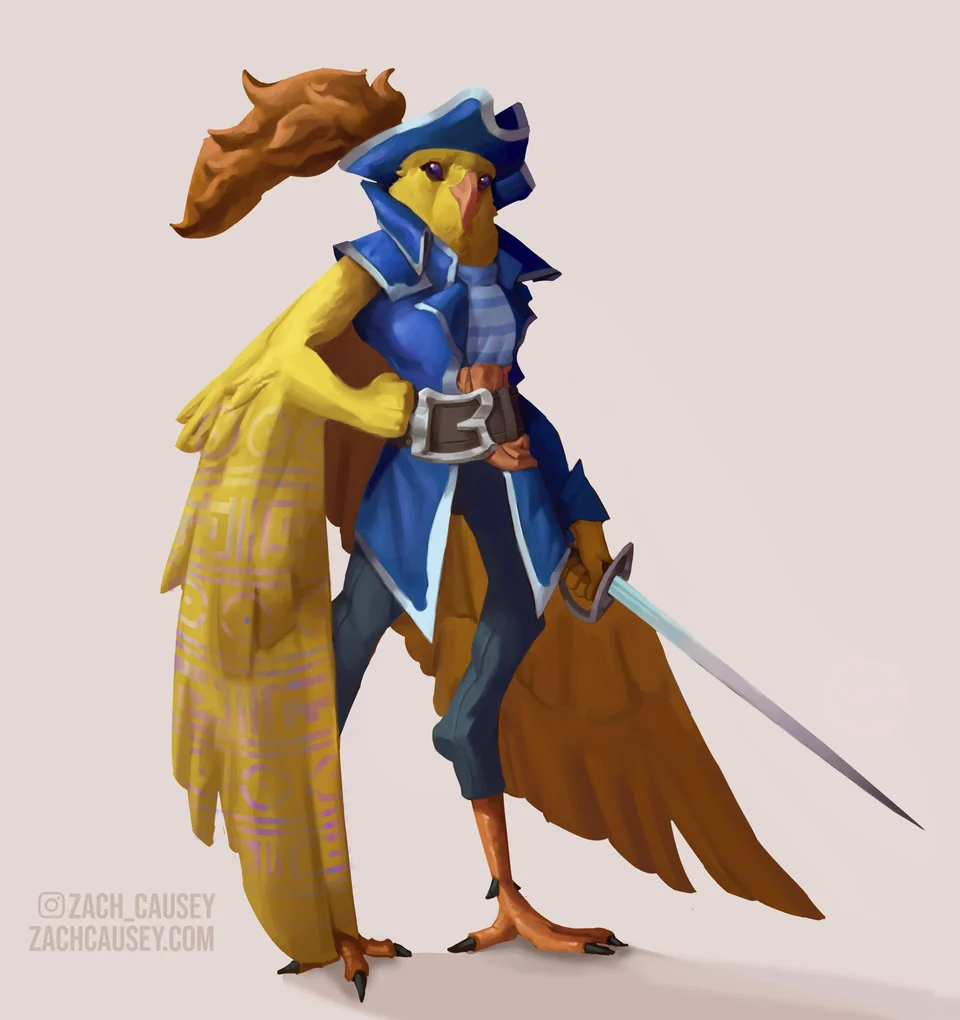 A female aarakocra swashbuckler rogue with yellow feathers and a fierce rapier.