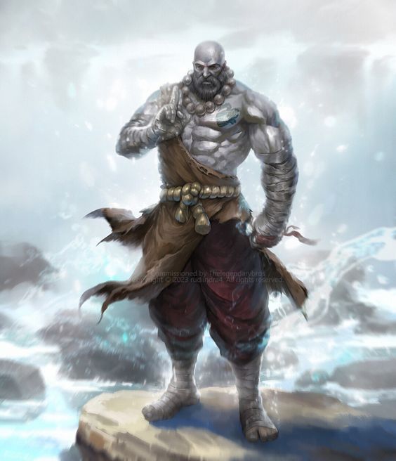 A male goliath monk bare chested, hands and feet wrapped with cloth.