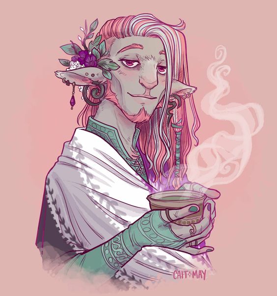 Male firbolg artificer holding a brewed potion.
