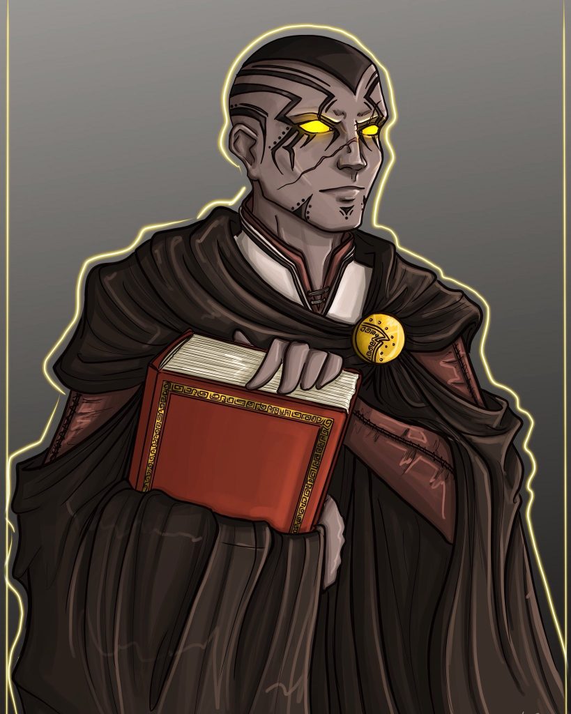 A male goliath wizard holds his spellbook close.