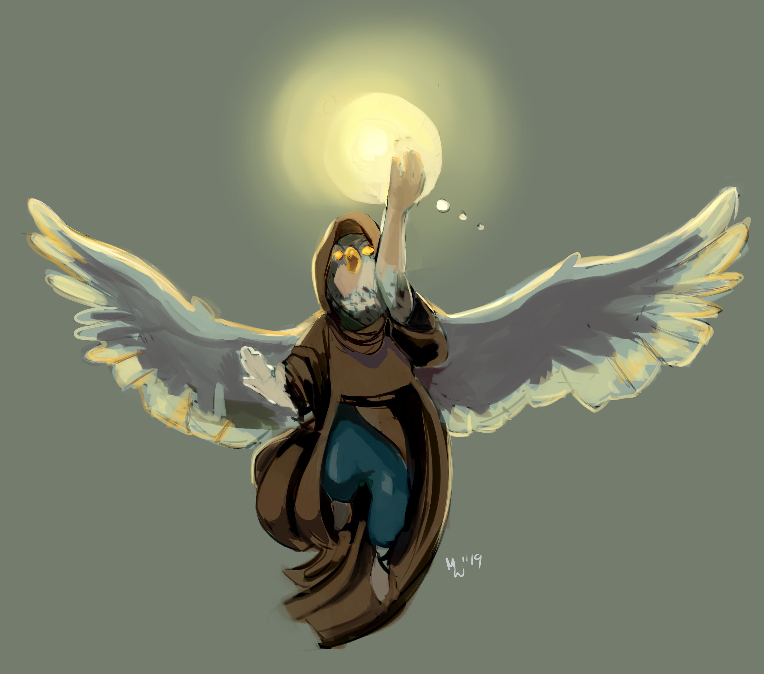 A female arrakocra cleric flies into the air holding a holy orb.