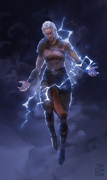 A female goliath storm sorcerer channels lightning and levitates.