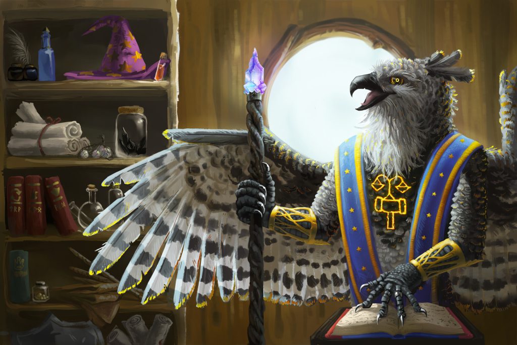 A white male aarakocra wizard in his study, reading a spell book.