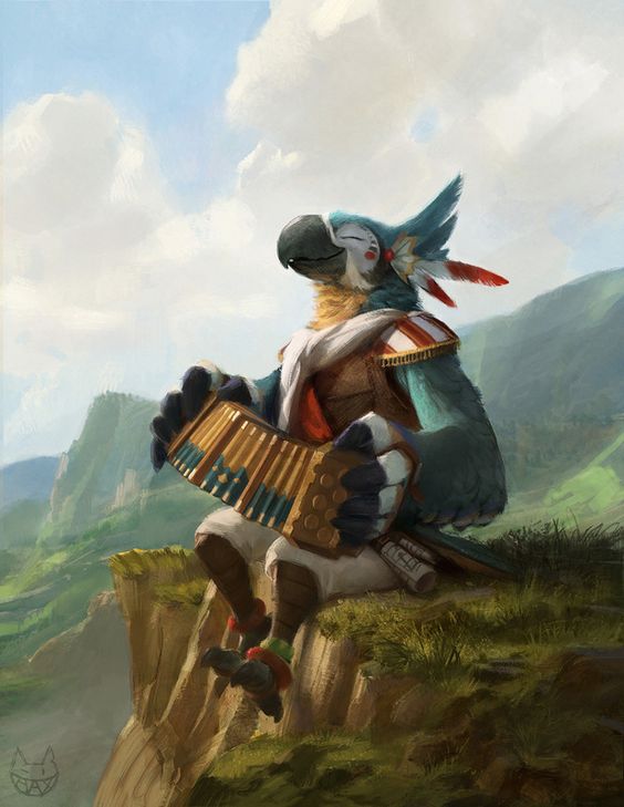 A male blue and white aarakocra bard smiling as he plays his accordion