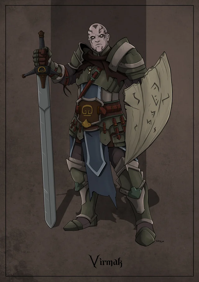 A male goliath fighter clad in plate armor.