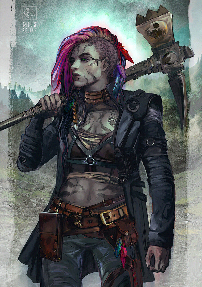 A female goliath fighter with pink hair and her war hammer resting on her shoulder.