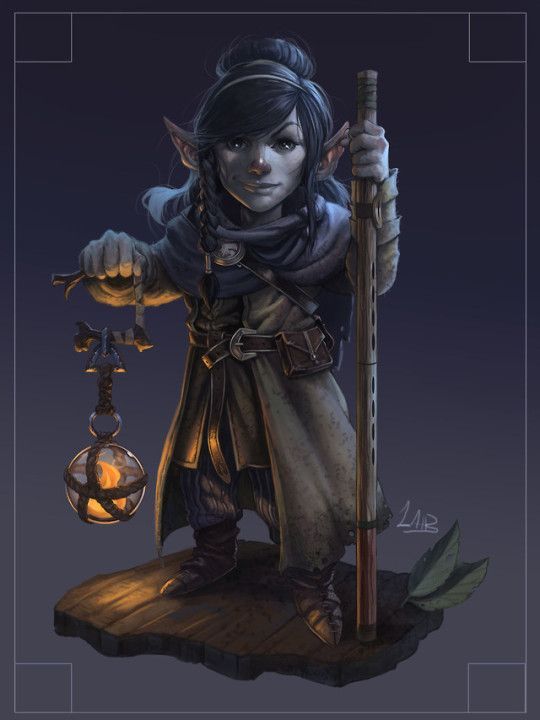 A female deep gnome carrying a lantern and staff.